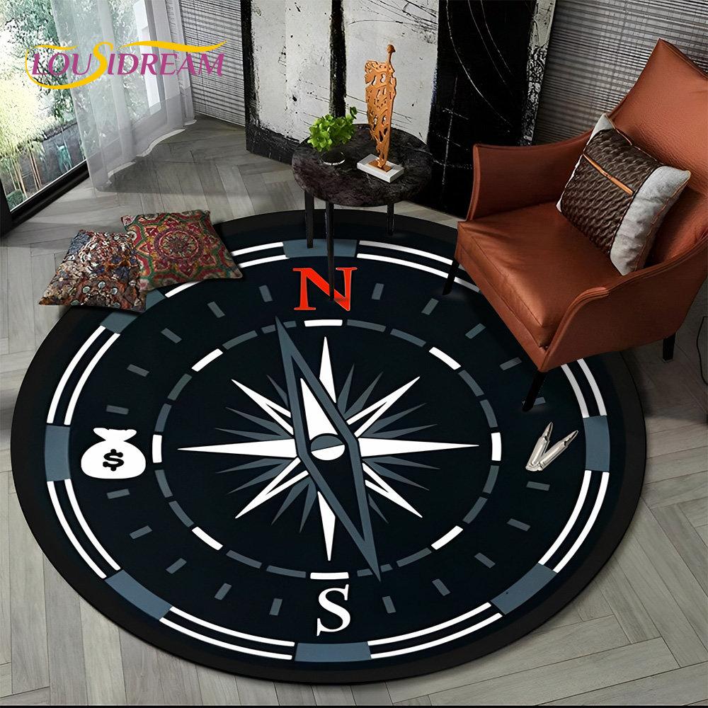3D Retro Compass Series Circle Area Rug,Round Carpet Rug for Living Room Bedroom Sofa Foot Pad Decor Non-slip Floor Mat Gift