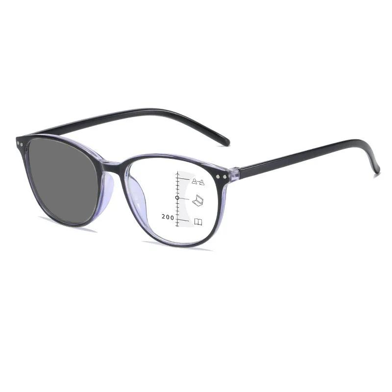 Women Round Photochromic Reading Glasses Trendy HD Color Changing Multifocal Glasses Men Anti-blue Ultralight Presbyopia 0+4.0