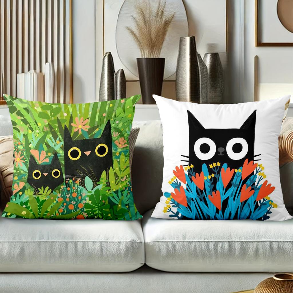 Black Cat And Floral Patterned Decorative Throw Pillows Polyester pillowcase, sofa decorative cushion cov Headboard Pillow