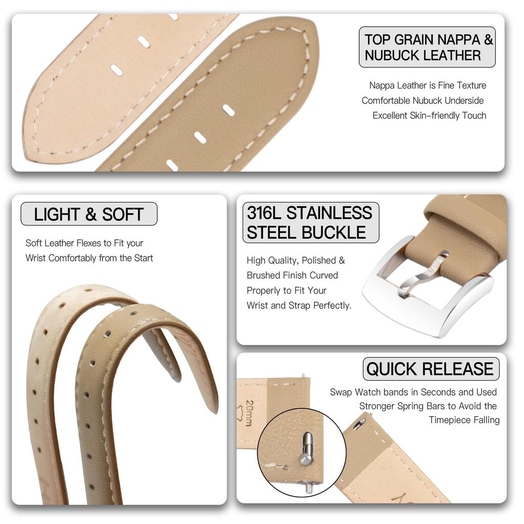 Genuine Leather Watch Quick Release Strap for Men and Elegant Soft Calf Leather Watch Replacement No Tools for Watches and Silver Buckle [OTTOODY]