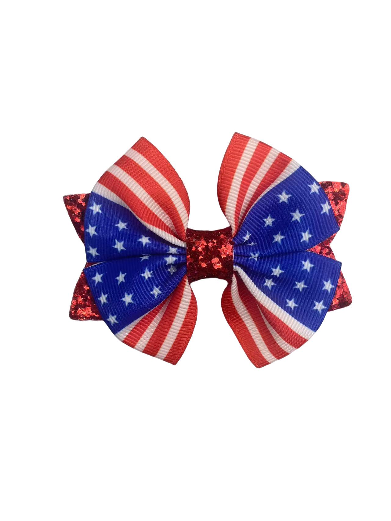 American Flag Bow Hair Clip with Sequins and Stars - Independence Day Duckbill Barrette