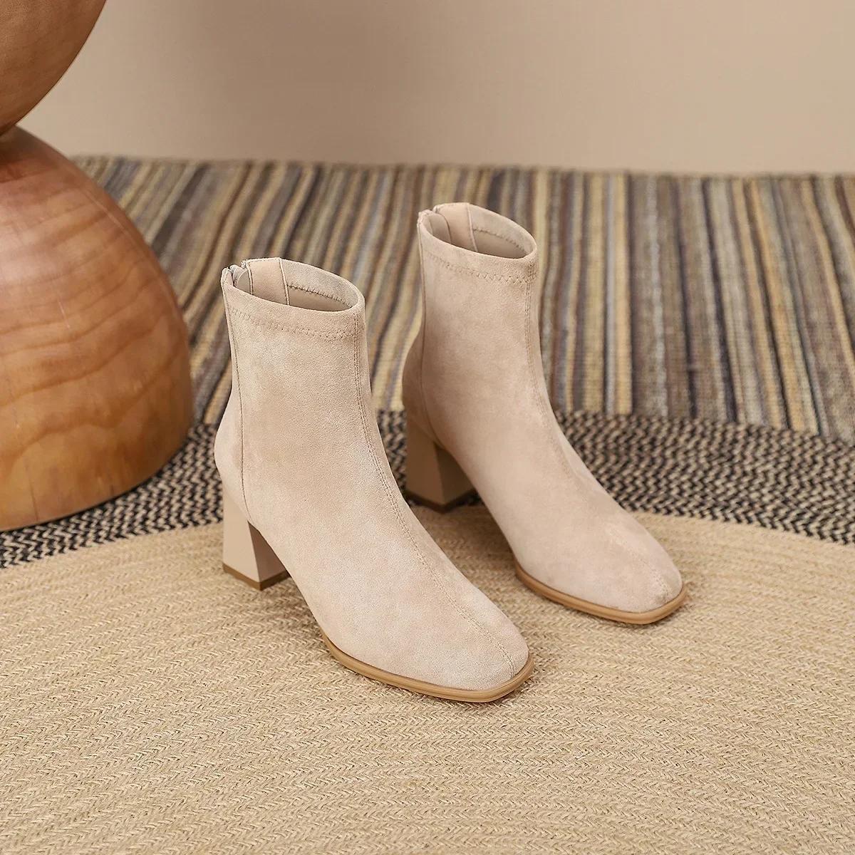 

Модные женские сапоги в стиле французского ретро, удобные короткие сапоги из искусственной замши с квадратным носком, зимние сапоги на молнии с высоким каблуком, эластичные сапоги, обувь Botas Mujer 35