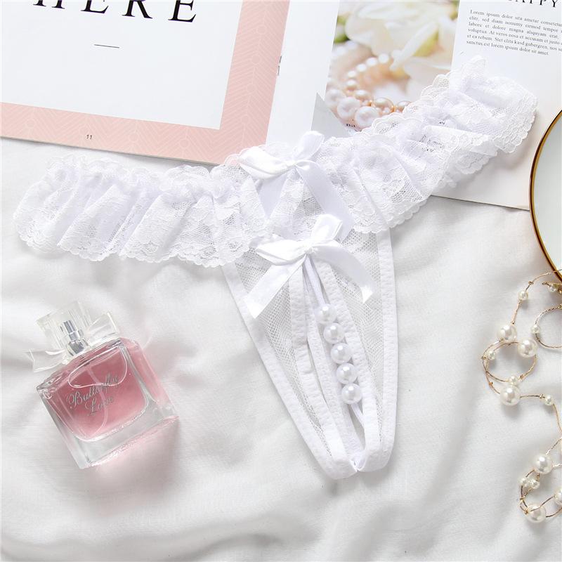 Beading Thong Panties For Women Sexy G-Strings Female Ruffles Lingerie Lolita Fashion Underwear Bows Lace Calcinha 2064