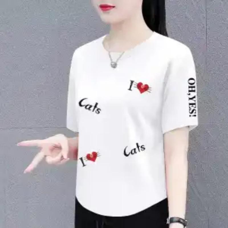Summer Women's Cute Heart Letter Print Crew Neck Tee Casual Loose Short Sleeve T-Shirt
