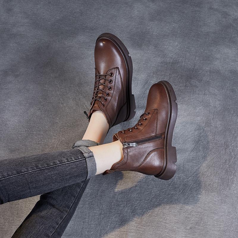 2025 autumn new short Martin boots women's V-mouth lace-up flat-bottomed short boots leather British single boots women's boots