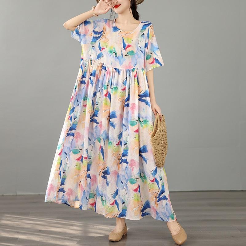 Abito estivo lungo e largo casual da donna, in cotone vintage, con maniche corte e taglie forti, floreale, nuovo di zecca.