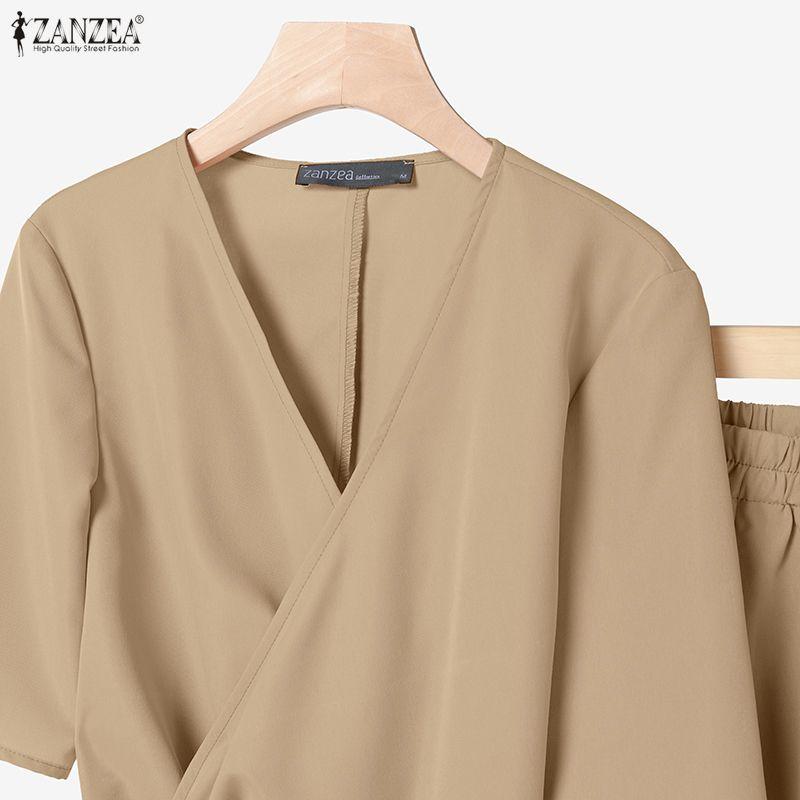 ZANZEA Womens Casual V-Neck Half Sleeve Wrap Tie Top and Loose Pants Two Piece Suit Sets