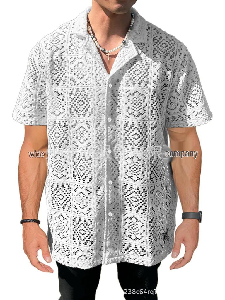 Herren Mesh Aushöhlendes Kurzarm Freizeit Hemd mit Knöpfen - Sommer Durchsichtiges Twist-Design