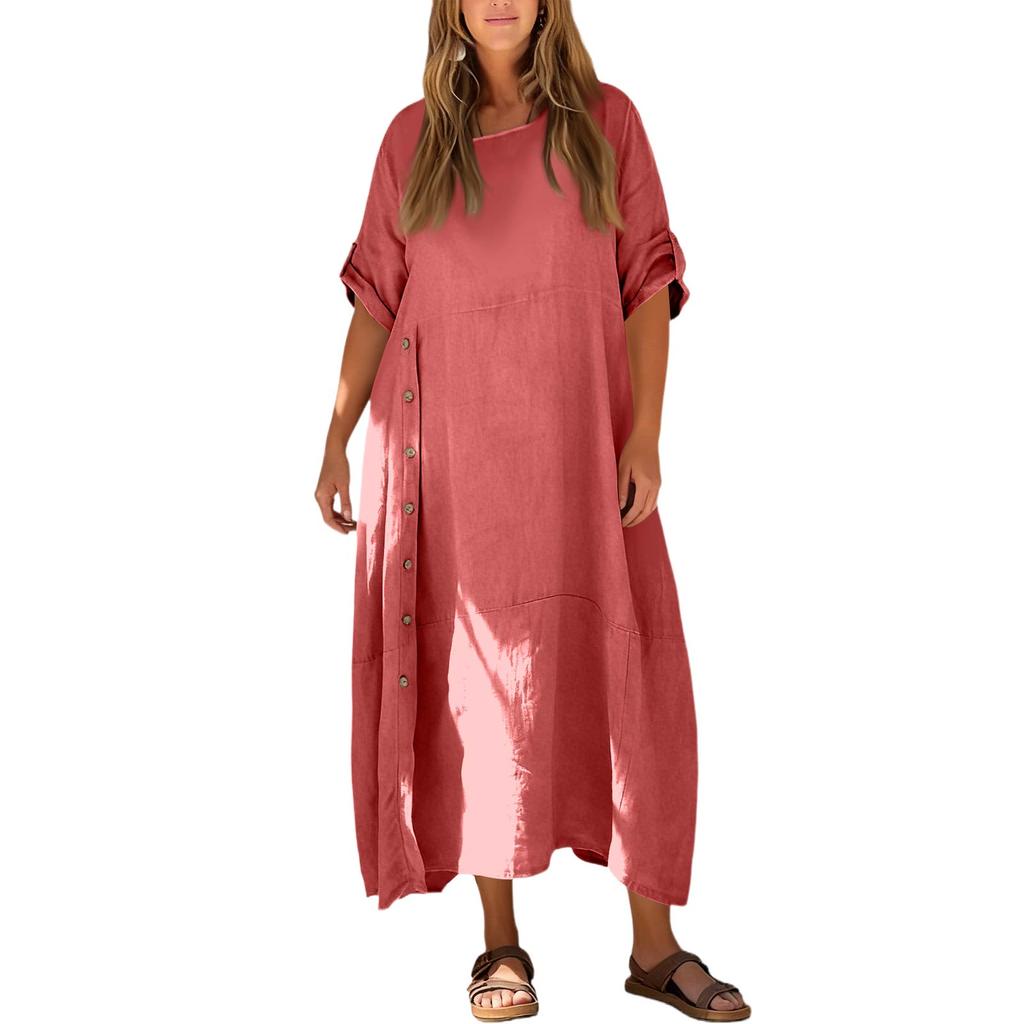 Women's Casual Loose Fit Short Sleeve Long Length Cotton Linen Split Dress