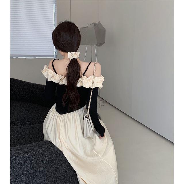 Elegant One-Shoulder Color Block Spaghetti Strap Dress – Women's Slimming, Waist-Cinched Long Dress for Early Spring
