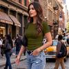 Women's Stretch Ribbed Short Sleeve Round Neck Slim Fit T-Shirt