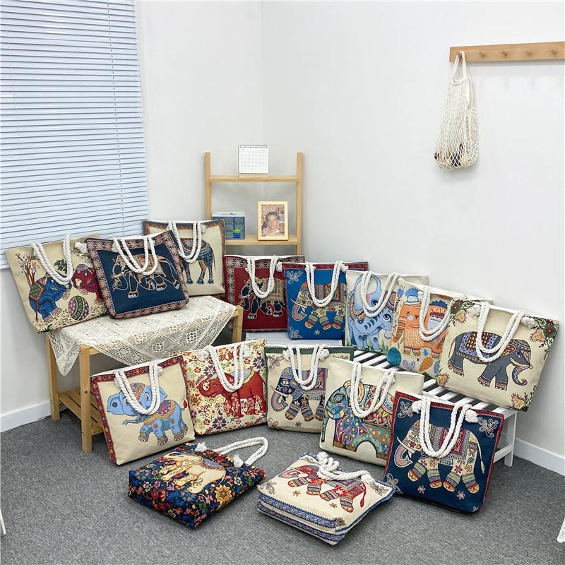 Etnisk stil elefantbroderad damväska hampa rep axelrem broderad mammapåse picknickväska axelväska messengerväska