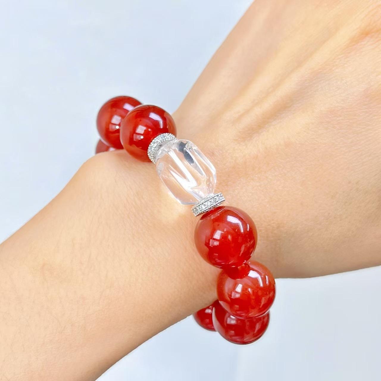 14Mm Large Granular Pigeon Blood Red Natural Vitreous Chalcedony White Crystal Bracelet Bracelet