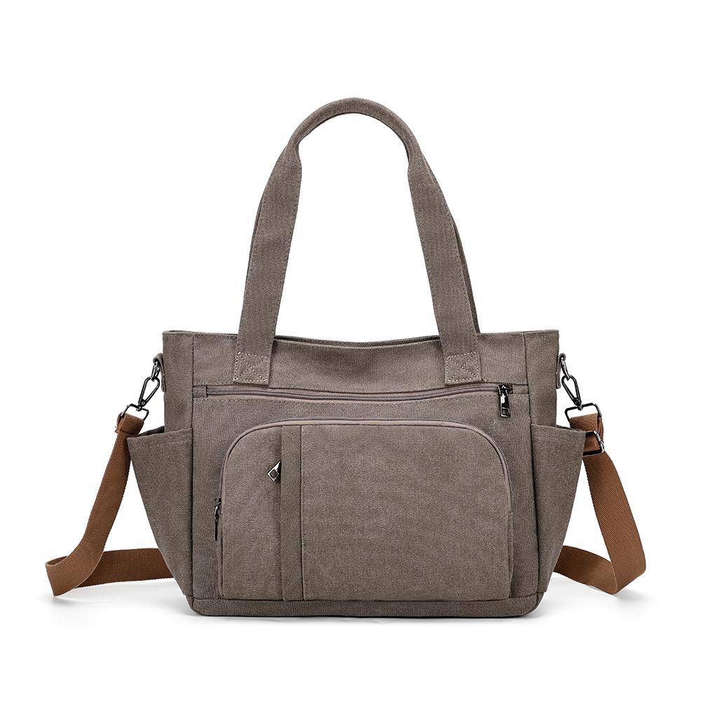Bolsa Tote de Lona Color Sólida com Múltiplos Bolsos de Grande Capacidade Bolsa de Ombro Feminina Vintage para o Dia a Dia Bolsa Transversal