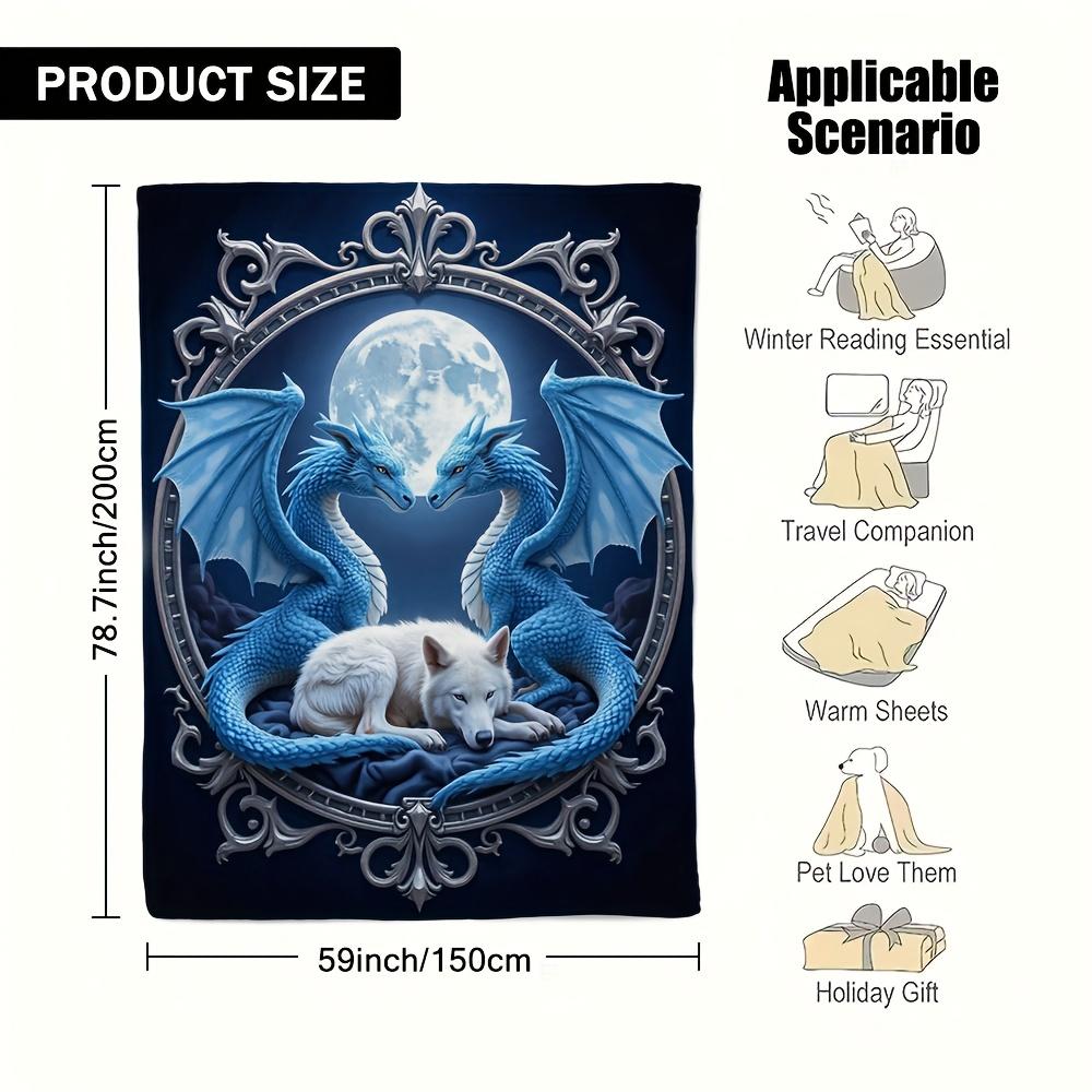 

Blue Dragons and White Wolf Fleece Blanket Fantasy Art Design Soft Cozy Throw Home Decor for Living Room or Bedroom 40x60 70x100cm28x39in