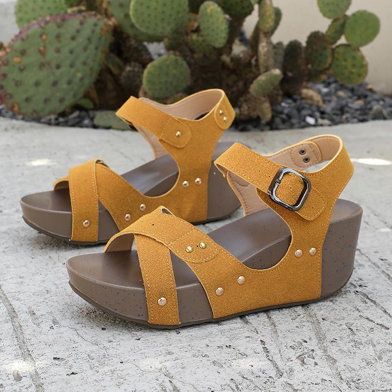 Fashion Rome Cross Strap High Heel Sandal Women Fashion Rivet Decor Yellow Wedge Sandals Female Summer Plus Size Back Strap Sandal Mujer