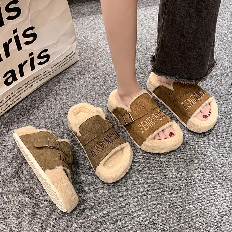 Fashion Women Fur Platform Slippers Suede Warm Flat Shoes Trend Winter New Flip Flops Casual Fashion Cotton Zapatillas Mujer Hot Selling