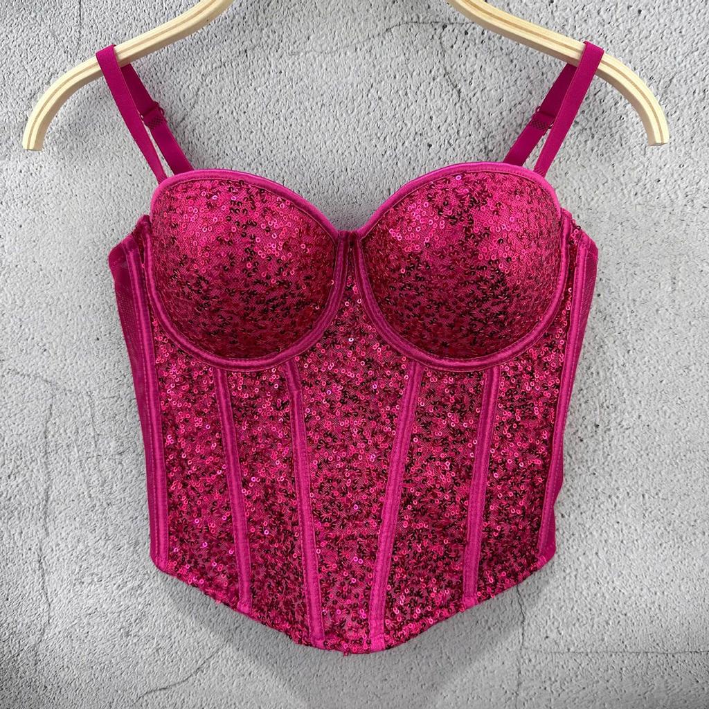 Pure Desire Style Fishbone Sequin Strapless Top Short Sexy Fitted Underwire Women's Waist-cinching Spring/summer Camis & Tank Tops