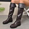 Women's High Block Heel Leather Boots Women's New Round Toe Block Heel Overfoot Fashion Boots