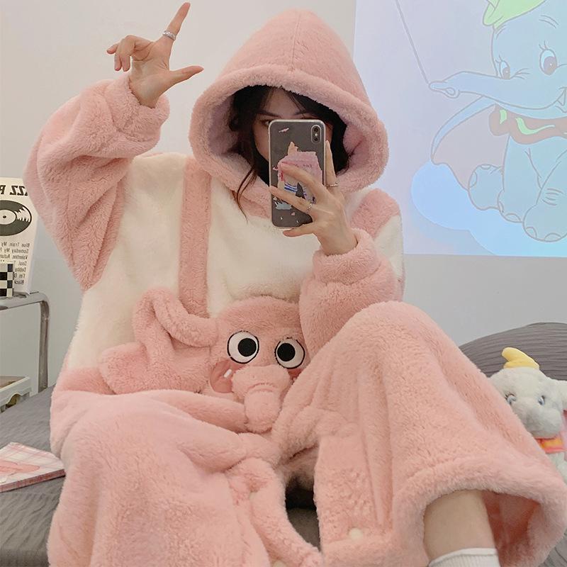 

Women s Plush Cartoon Hooded Jumpsuit Pajamas - Warm Thick Coral Fleece for Autumn & Winter M