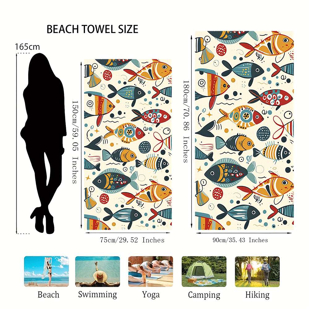 Multi-Colored Fish Pattern Beach Towel, Quick-Drying Ultra-Fine Fiber, Strong Wrap Design, Suitable for Beach And Pool Use