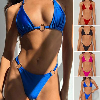 2 stk/sett Dame Bikinisett Trepunkts midje Lavt skåret G-streng Høy Halter Neck Svømming Solid