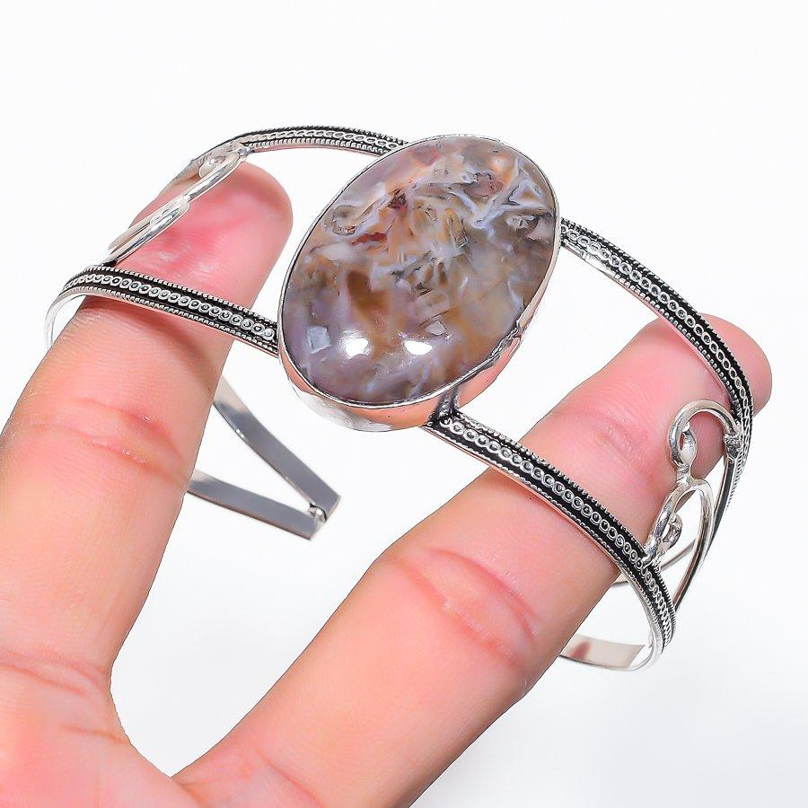 Natural Tube Agate Gemstone 925 Sterling Silver Cuff Bangle Adjustable r9d74