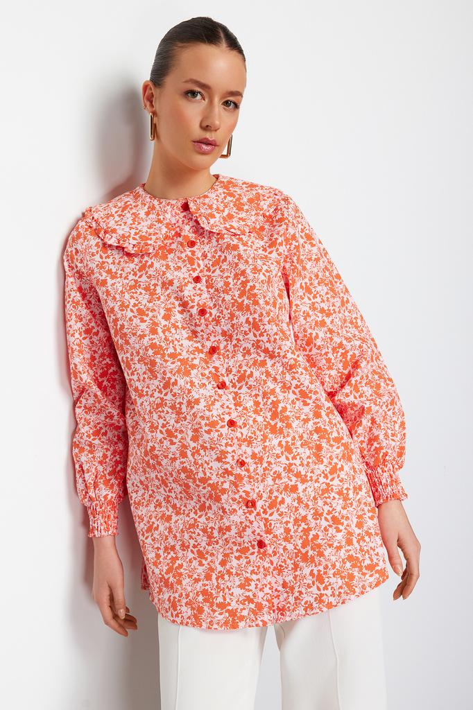 Women's Style Hijab Shirt Red Baby Collar Woven Crispy Flower Patterned Shirt