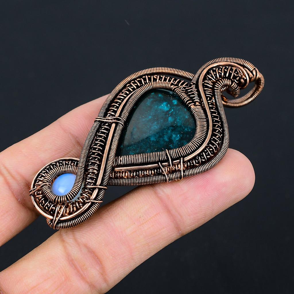 Natural Blue Baltic Amber,Milky Opal Gemstone Copper Wire Wrap Pendant 3.15 Z9k75
