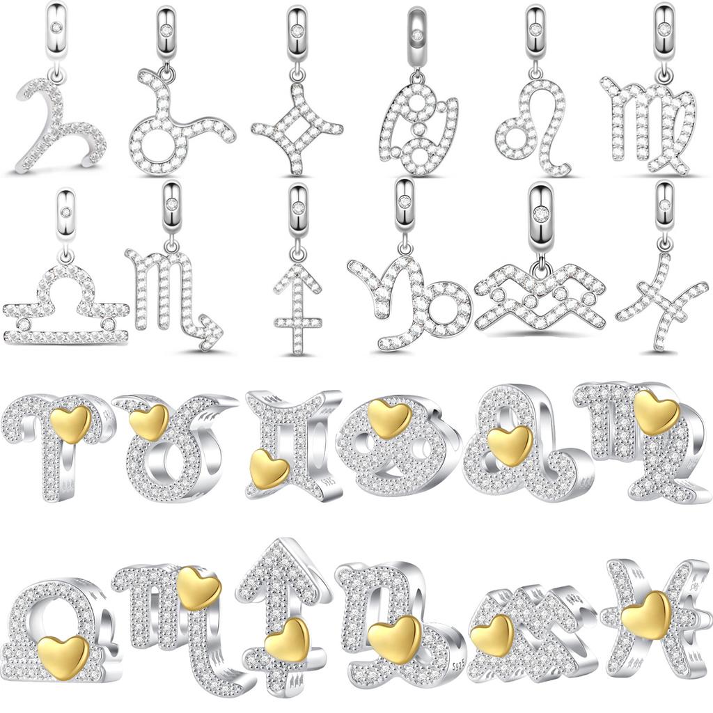 Copper Simple And Fashionable 12 Zodiac Symbol Pendant Beads Aries Libra Charm Suitable For Diy Bracelet Jewelry