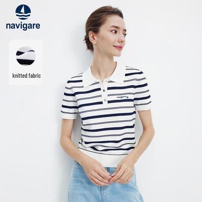 Women's Striped Knit Polo Shirt with Cutouts
