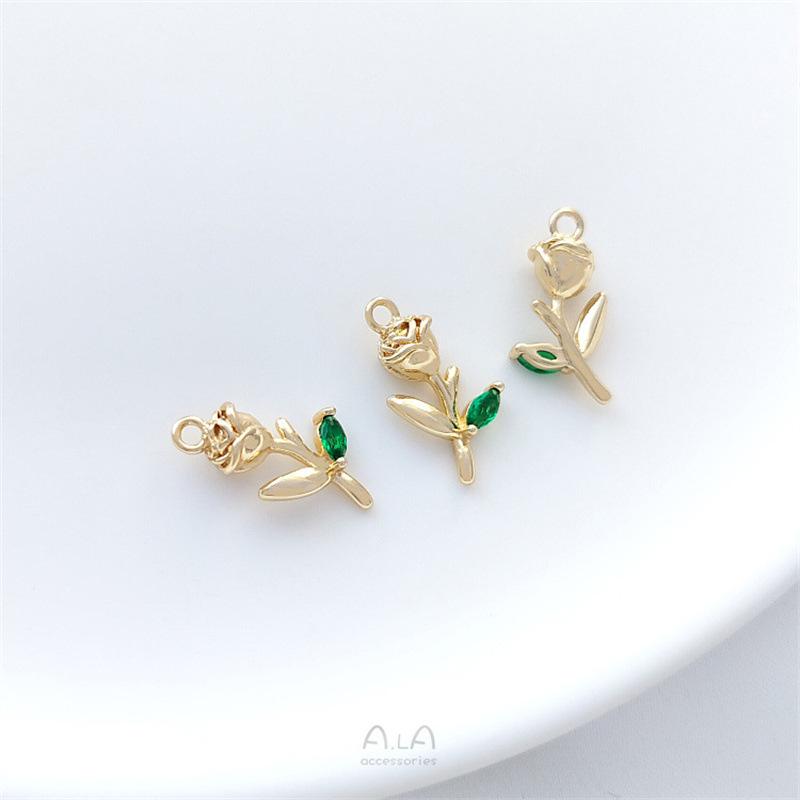 14K Gold-Filled Zircon Rose Pendant: Handmade Branch & Leaf Charm for DIY Jewelry
