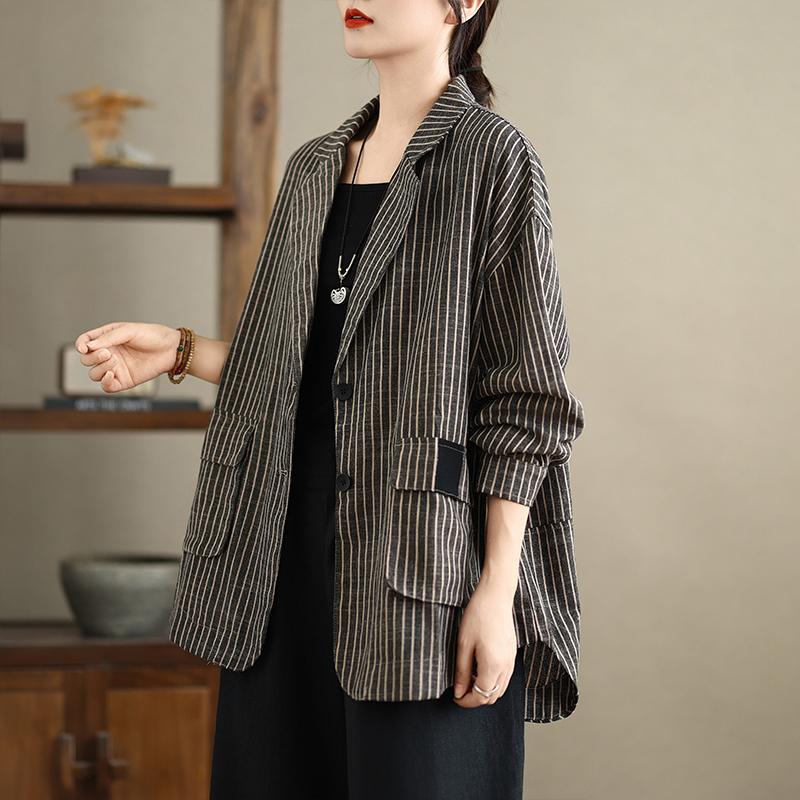 Dimanaf 2025 New Women Coat Stripe Jackets Linen Thin Vintage Outerwear Long Sleeve Spring Loose Button Coat