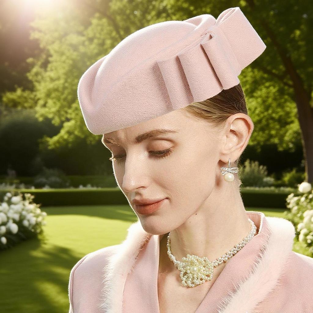 Vintage Wool Pillbox Hat with Bow, Light Pink, Formal Church Wedding Fascinator, Women's Special Occasion Headwear
