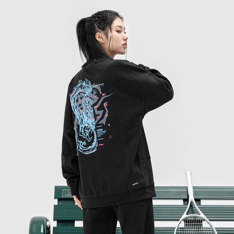 Li Ning Badminton Series Thunder Dragon Print Sports Casual Pullover Crewneck Sweatshirt Men sweatshirt Black AWDSE89-1