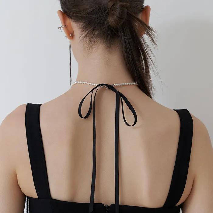 Black Ribbon Pearl Necklace