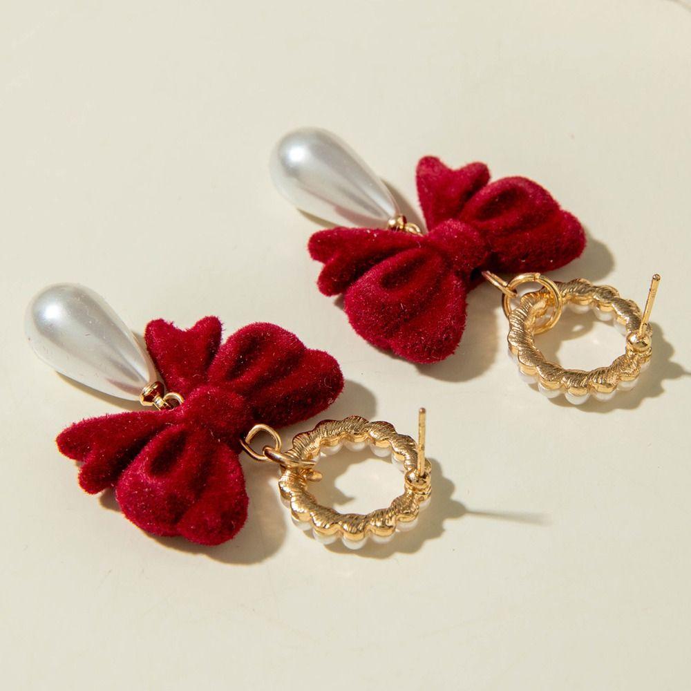 Pearl Red Velvet Bow Earrings Zinc Zinc Alloy New Year Earrings Fashion Wine Red Bow Drop Earrings  Gift