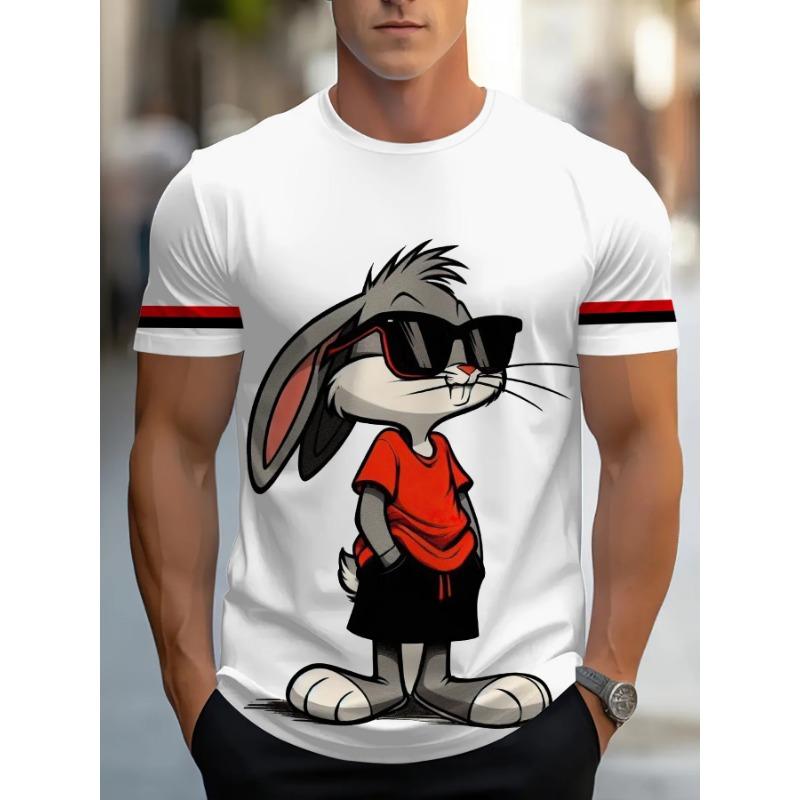 Neues Brillen tragendes Cartoon-Kaninchen Herren-T-Shirt Mode Tier- und Cartoon-Print-Design Rundhals Lässig Sport Herrenbekleidung