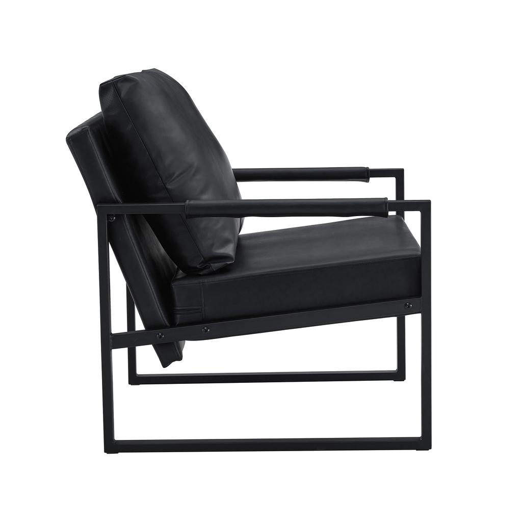 Poltrona da Lettura Nera con Struttura in Metallo Nero, Poltrona Moderna da Relax in Ecopelle, Divanetto Singolo per Soggiorno, Camera da Letto, Ufficio