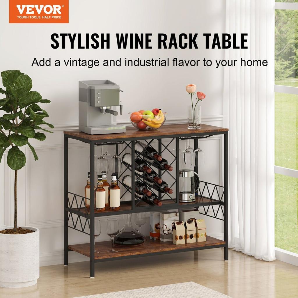 Armario Bar Industrial de 40 Pulgadas, Mesa de Vinos para Licores y Copas, Aparador Buffet con Soporte para Copas y Botellero, Madera Rústica Independiente