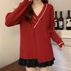 Autumn Winter V-neck Casual Fashion Patchwork Knitting Coat Women Long Sleeve All-match Pullover Sweater Top