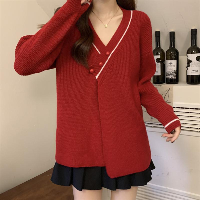 Autumn Winter V-neck Casual Fashion Patchwork Knitting Coat Women Long Sleeve All-match Pullover Sweater Top