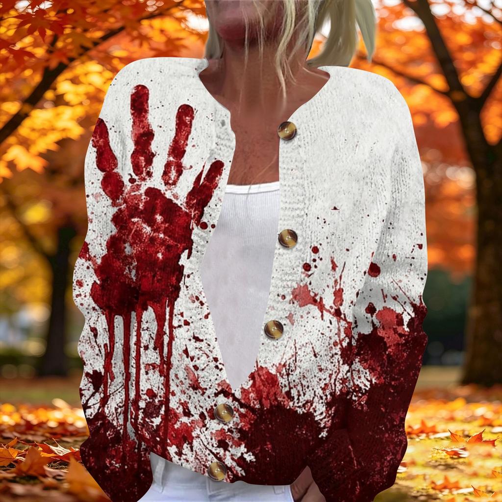 Women's Long Sleeve Knit Cardigan with Halloween Print Button Front