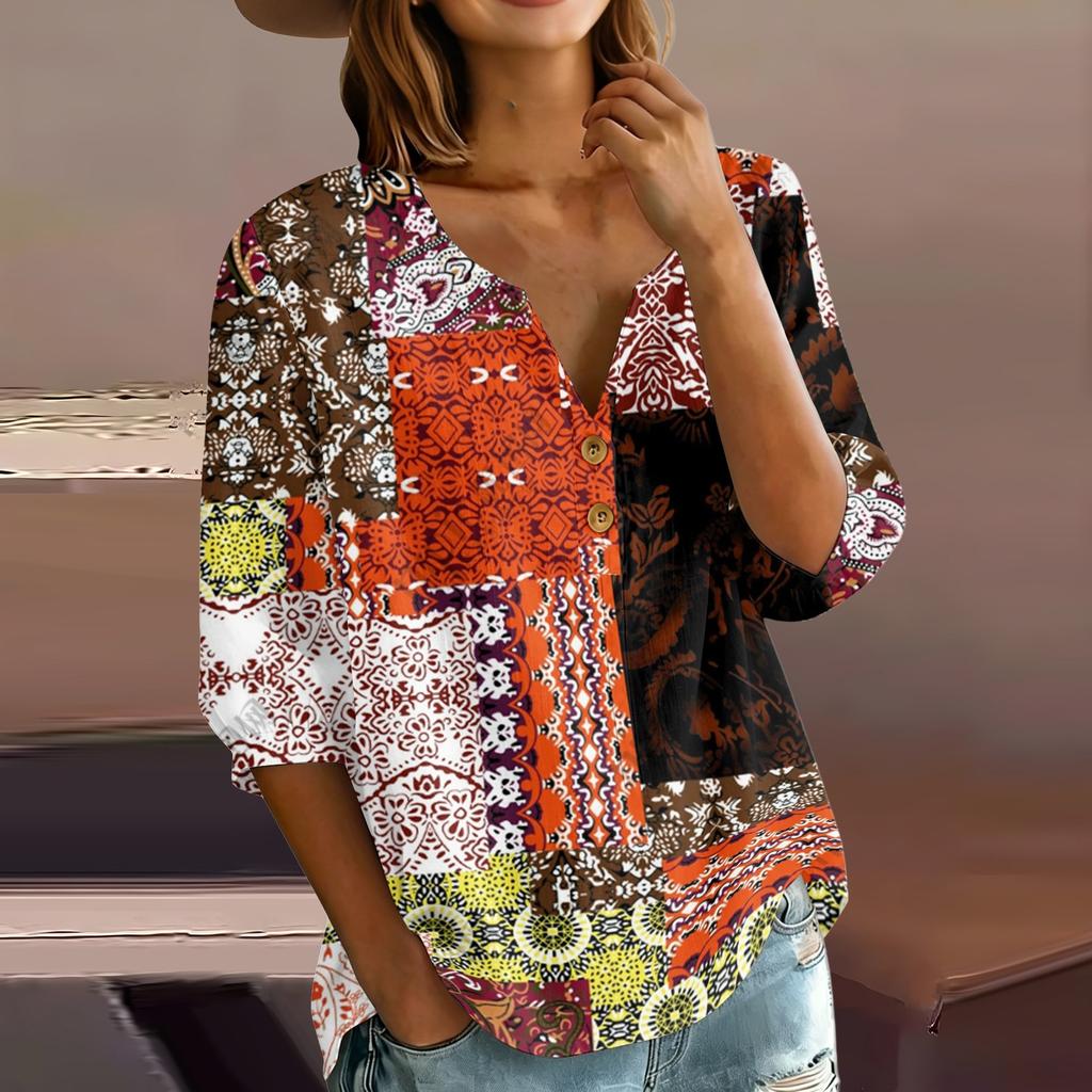 Women Henley Neck Button Front Floral Print Shirt Three Quarter Sleeve Cotton Linen Casual Loose Fit Blouse Top