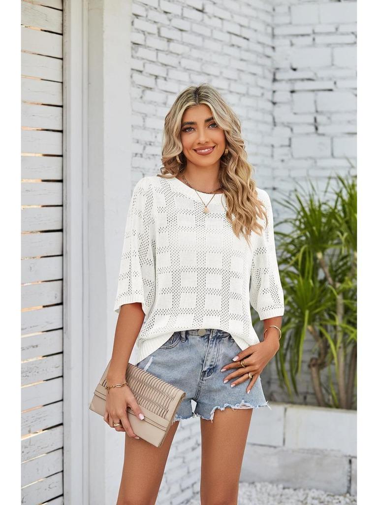 Cardigan Tricotado Feminino Primavera Verão 2025 Gola Redonda Proteção Solar, Acrílico com Renda Transpassado Leve Boho Chic Shrug de Praia
