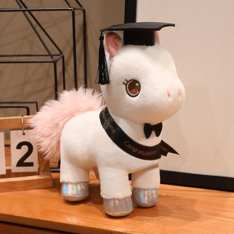 28Cm Cartoon Graduation Horse Plush Doll Brown White Doctor Cap Horse Animal Stuffed Toy Home Decor Gift For Children