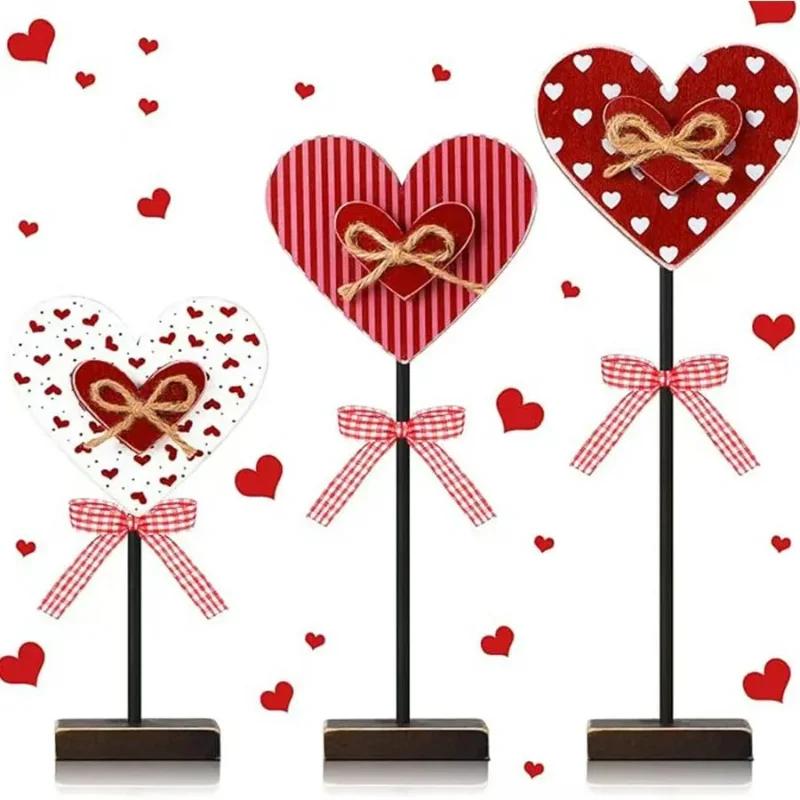 Valentine's Day Wooden Heart-Shaped Ornaments with Table Stands Decorative Wooden Signs for Wedding Festival Photo Props