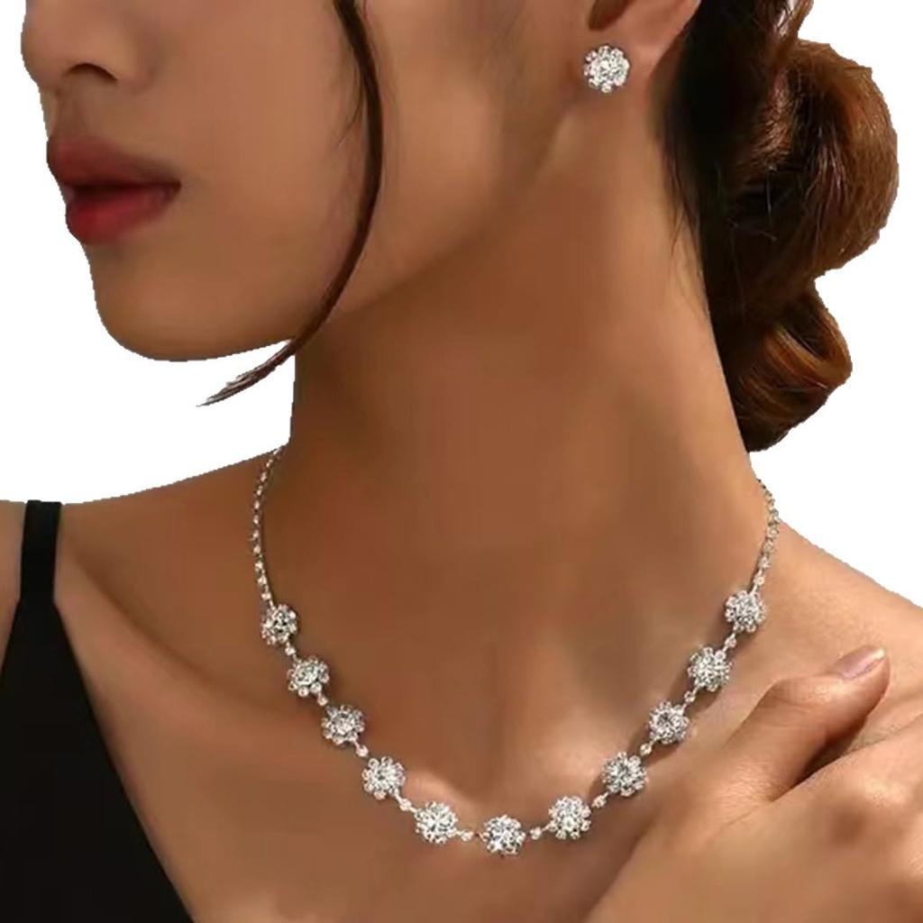 Korean Minimalist Crystal Rhinestone Necklace and Earrings Set , Light Women Jewelry 2 - Piece Set