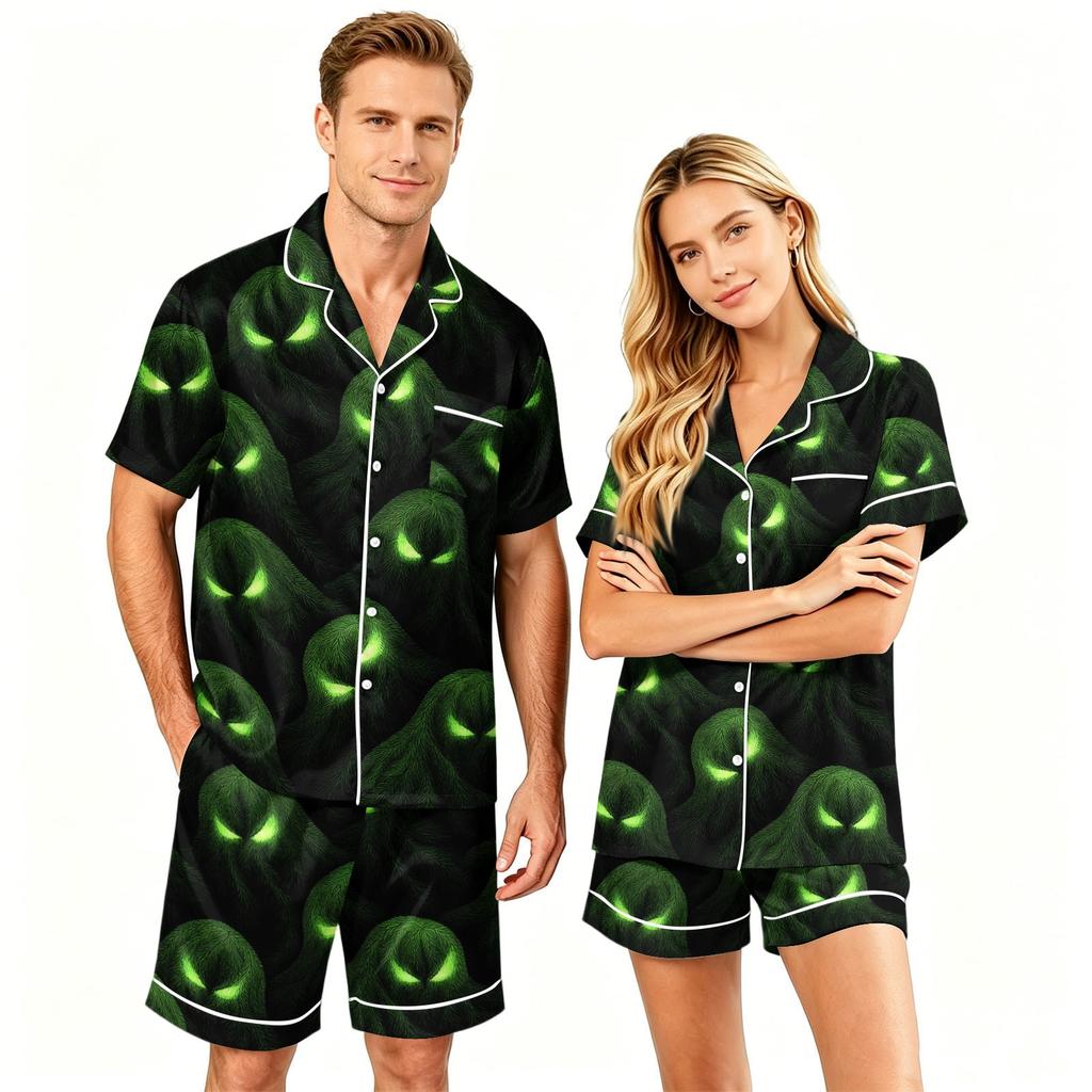 Couple Matching Halloween Pajama Set Short Sleeve Button Down Shirt with Hem and Shorts Soft Casual Sleepwear S-XXXXL