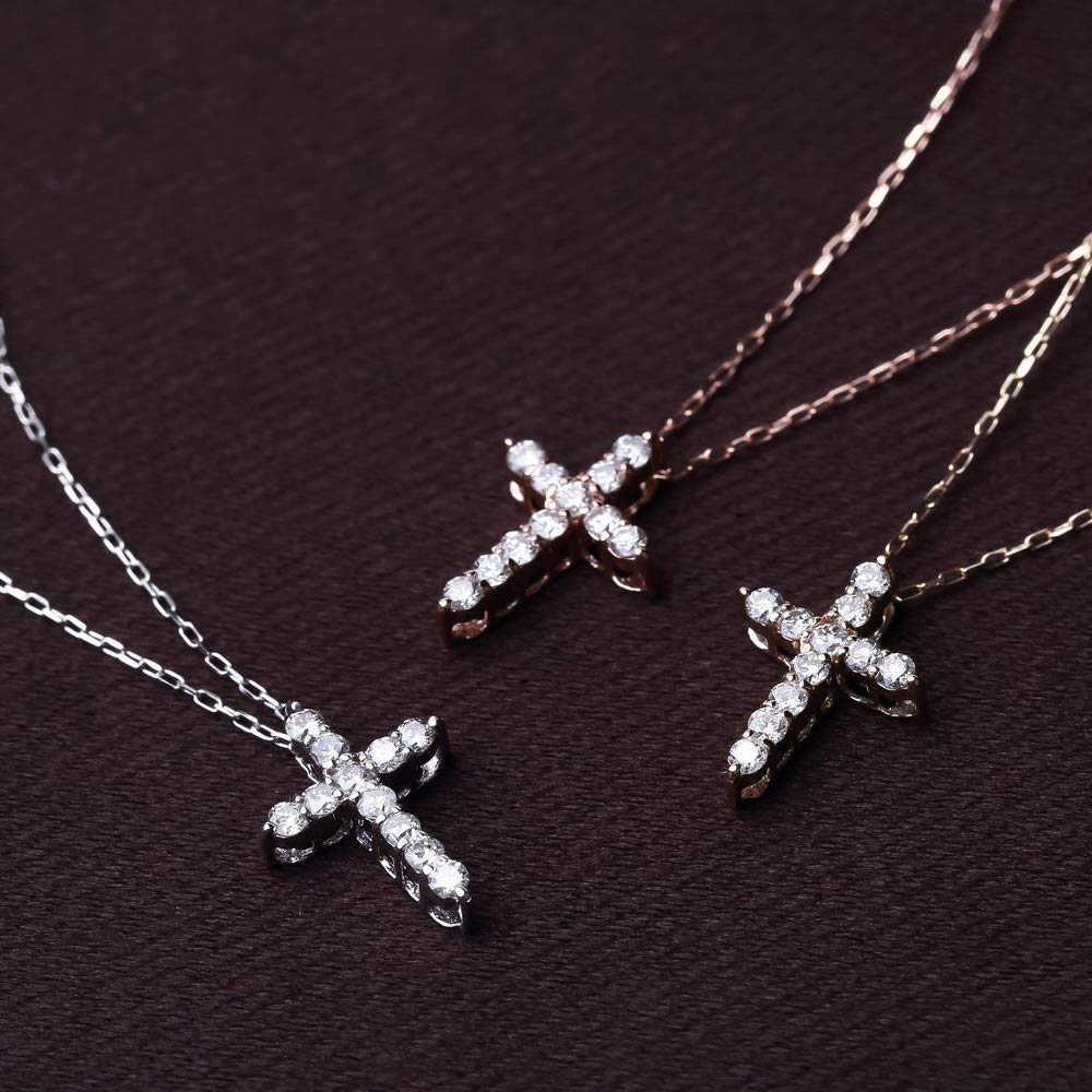 PLUSTER Diamond Cross Necklace K10 Pink with Genuine Gold Simple and Perfect Gift for or Any Other Occasion Box Plaster Women's (0.1ct Gold) Chain,